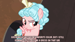 Size: 1280x720 | Tagged: safe, edit, edited screencap, screencap, cozy glow, pegasus, pony, frenemies (episode), g4, bow, caption, colored text, female, filly, freckles, image macro, meme, red eyes, text