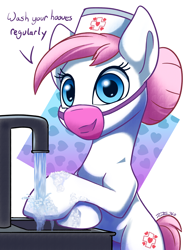 Size: 1500x1974 | Tagged: safe, artist:tsitra360, nurse redheart, earth pony, pony, g4, bipedal, coronavirus, covid-19, cute, dialogue, face mask, faucet, female, hat, heart, heartabetes, looking at you, mare, mask, nurse hat, public service announcement, soap, solo, surgical mask, talking to viewer, water