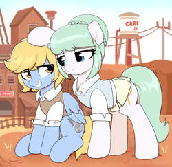 Size: 2480x2413 | Tagged: safe, artist:moozua, oc, oc only, oc:blue skies, oc:largesse, earth pony, pegasus, pony, clothes, duo, dustbowl, female, high res, hoof on head, looking at each other, mare, miniskirt, pleated skirt, shirt, sitting, skirt, team fortress 2