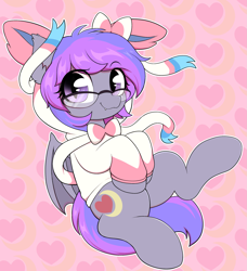 Size: 2241x2455 | Tagged: safe, artist:moozua, oc, oc only, bat pony, pony, sylveon, clothes, cute, cute little fangs, fangs, glasses, heart, heart background, high res, hoodie, looking at you, pokémon, slit pupils, solo, sweater