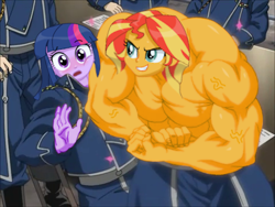 Size: 480x360 | Tagged: safe, edit, sunset shimmer, twilight sparkle, human, equestria girls, g4, blushing, caption, clothes, crossover, flexing, fullmetal alchemist, genderless, multiple characters, muscles, muscular female, nervous, nippleless, partial nudity, pecs, photoshop, shitposting, text, topless, uniform