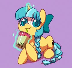 Size: 2025x1901 | Tagged: safe, artist:dawnfire, part of a set, oc, oc only, oc:ducky ink, pony, unicorn, bubble tea, cup, drink, drinking, drinking straw, glowing horn, horn, looking at you, lying down, magic, purple background, simple background, solo, telekinesis, unicorn oc