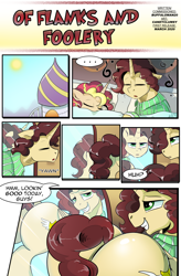 Size: 1800x2740 | Tagged: safe, artist:candyclumsy, oc, oc:king calm merriment, oc:queen motherly morning, alicorn, pony, comic:of flanks and foolery, alicorn oc, alicorn princess, bed, bedroom, booty had me like, butt, castle, clothes, comic, commissioner:bigonionbean, crystal empire, cutie mark, dialogue, drowsy, extra thicc, female, flank, fusion, fusion:applejack, fusion:cheese sandwich, fusion:donut joe, fusion:fancypants, fusion:pinkie pie, fusion:rainbow dash, fusion:soarin', fusion:sunset shimmer, horn, husband and wife, male, mare, mirror, morning, pajamas, palace, plot, reflection, sleeping, stallion, sun, talking to himself, the ass was fat, tired, unkempt mane, waking up, writer:bigonionbean