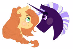 Size: 2480x1654 | Tagged: safe, artist:rainbowfactory20, oc, oc:oasis (sdlhf), oc:valerian, earth pony, pony, unicorn, braid, bust, female, freckles, gift art, green eyes, looking at each other, male, mare, oc x oc, offspring, offspring shipping, parent:big macintosh, parent:flash sentry, parent:fluttershy, parent:twilight sparkle, parents:flashlight, parents:fluttermac, purple eyes, shipping, simple background, stallion, white background