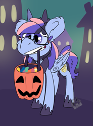 Size: 561x764 | Tagged: safe, artist:lilsunshinesam, oc, oc only, oc:wind of the skies, pegasus, pony, candy, food, glasses, pumpkin bucket, solo