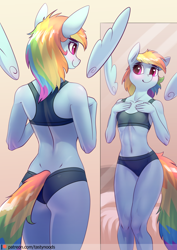 Size: 848x1200 | Tagged: safe, alternate version, artist:chrysalisdraws, rainbow dash, pegasus, anthro, g4, adorasexy, blushing, bra, breasts, clothes, crop top bra, cute, dashabetes, delicious flat chest, feathered wings, female, floating wings, gray underwear, looking at self, mare, mirror, panties, patreon, patreon logo, rainbow flat, sexy, sfw version, smiling, solo, tomboy, underwear, wings