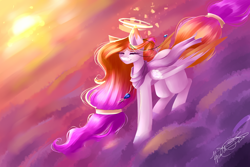 Size: 1024x683 | Tagged: safe, artist:purediamond360, oc, oc only, oc:angel light, pegasus, pony, clothes, cloud, female, flying, halo, mare, scarf, solo