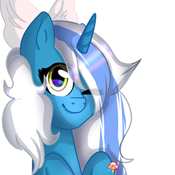 Size: 894x894 | Tagged: safe, artist:liviadashchan, oc, oc only, oc:fleurbelle, alicorn, pony, adorabelle, alicorn oc, bow, cute, female, hair bow, hair over one eye, horn, mare, one eye closed, simple background, smiling, smiling at you, solo, transparent background, wingding eyes, wink, winking at you, ych result, yellow eyes