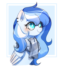 Size: 1040x1101 | Tagged: safe, artist:riukime, oc, oc only, oc:skyla blue, pegasus, pony, bust, clothes, digital art, female, glasses, mare, original character do not steal, portrait, scarf, simple background, solo, white background