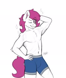 Size: 1842x2178 | Tagged: safe, artist:anotherbronyartist, oc, oc only, oc:dr.heart, clydesdale, anthro, armpits, boxers, chest fluff, clothes, looking at you, male, nudity, one eye closed, partial nudity, smiling, solo, topless, underwear, wink