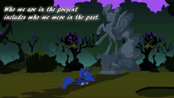 Size: 1280x720 | Tagged: safe, edit, edited screencap, screencap, nightmare moon, princess luna, alicorn, pony, g4, luna eclipsed, season 2, everfree forest, female, mister rogers, quote, solo, statue, text