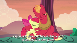 Size: 1280x720 | Tagged: safe, edit, edited screencap, screencap, apple bloom, big macintosh, earth pony, pony, brotherhooves social, g4, brother and sister, cute, duo, eyes closed, female, happy, hug, male, mister rogers, quote, siblings, tree
