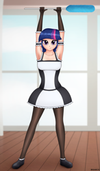 Size: 1683x2880 | Tagged: safe, artist:irisarco, twilight sparkle, human, g4, armpits, clothes, curtains, cute, duster, female, gloves, hands up, humanized, looking at you, maid, miniskirt, pantyhose, room, skirt, smiling, socks, solo, standing, thigh highs, window