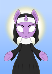 Size: 1755x2481 | Tagged: safe, artist:mediocre, twilight sparkle, pony, unicorn, g4, eyes closed, female, nun, open arms, simple background, solo, standing, unicorn twilight