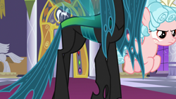 Size: 1920x1080 | Tagged: safe, screencap, cozy glow, queen chrysalis, changeling, pegasus, pony, g4, the summer sun setback, bow, canterlot castle, cozy glow is not amused, curly hair, duo, evil planning in progress, female, filly, flying, foal, former queen chrysalis, freckles, frown, hair bow, insect wings, intruder, sneaking, throne room, wings