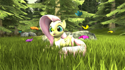 Size: 1920x1080 | Tagged: safe, artist:melbournesfm, fluttershy, butterfly, pegasus, pony, g4, 3d, butterfly on nose, cute, female, forest, forest background, insect on nose, shyabetes, solo, source filmmaker, surprised