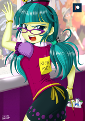 Size: 848x1200 | Tagged: safe, artist:uotapo, chestnut magnifico, daring do, juniper montage, equestria girls, equestria girls specials, g4, movie magic, against glass, angry, ass, blushing, bracelet, bully, bullying, butt, clothes, female, glass, glasses, jewelry, junibum montage, kick me, looking at you, looking back, looking back at you, looking over shoulder, open mouth, paper, pigtails, post-it, puffy sleeves, solo focus, text