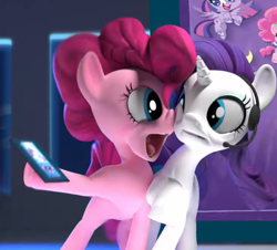 Size: 704x636 | Tagged: safe, screencap, pinkie pie, rarity, earth pony, pony, unicorn, g4, hello pinkie pie, boop, cellphone, cropped, duo, headset, hoof hold, noseboop, personal space invasion, phone, smartphone