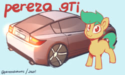 Size: 2274x1368 | Tagged: safe, artist:perezadotarts, oc, oc only, oc:pen sketchy, earth pony, pony, car, digital art, looking at you, male, simple background, smiling, solo, stallion, text, vehicle