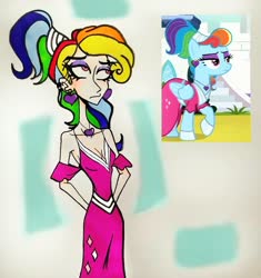 Size: 2560x2727 | Tagged: safe, artist:citi, screencap, rainbow dash, human, g4, sparkle's seven, absolute cleavage, alternate hairstyle, breasts, cleavage, clothes, dress, ear piercing, female, high res, humanized, megaradash, piercing, scene interpretation, screencap reference, small breasts, solo, traditional art, unamused