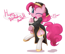 Size: 889x748 | Tagged: safe, artist:sip, pinkie pie, pony, g4, blushing, dressed up, english, female, garter belt, looking at you, nun, one eye closed, simple background, solo, standing, text, transparent background, wink