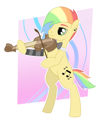 Size: 1850x2220 | Tagged: safe, artist:dyonys, oc, oc:rainbow sound, earth pony, pony, bow, bowtie, ear piercing, male, multicolored hair, musical instrument, piercing, rainbow hair, stallion, violin