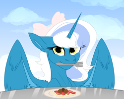 Size: 2500x2000 | Tagged: safe, artist:koloredkat, oc, oc:fleurbelle, alicorn, pony, alicorn oc, bow, cloud, female, food, fork, hair bow, high res, horn, looking at you, mare, meatball, mouth hold, pasta, plate, spaghetti, table, yellow eyes