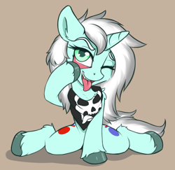 Size: 1512x1470 | Tagged: safe, artist:arjinmoon, oc, oc only, oc:silver schism, pony, unicorn, akanbe, bandana, simple background, solo, tongue out