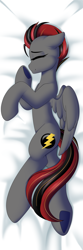Size: 2362x7086 | Tagged: safe, artist:xcinnamon-twistx, oc, oc only, pegasus, pony, bed, bed sheets, body pillow, body pillow design, calm, comfy, commission, eyes closed, female, floppy ears, happy, mare, on side, smiling, wings, ych result