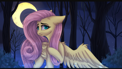 Size: 3600x2035 | Tagged: safe, artist:deathplace69, fluttershy, pegasus, pony, g4, crescent moon, female, forest, high res, mare, moon, night, solo, walking