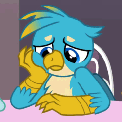 Size: 488x488 | Tagged: safe, edit, edited screencap, screencap, gallus, ocellus, griffon, g4, she's all yak, animated, ashamed, claws, cropped, cute, folded wings, gallabetes, gif, guilty, looking down, loop, male, reaction image, sad, sadorable, sitting, solo focus, talons, tapping, teenager, waiting, wings