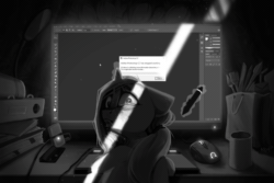 Size: 1500x1000 | Tagged: safe, artist:amishy, oc, oc only, pony, unicorn, tabun art-battle, animated, computer, computer mouse, dramatic lighting, error message, gif, graphics tablet, grayscale, magic, monochrome, neo noir, partial color, photoshop, solo, stylus, tabun art-battle cover, teary eyes, telekinesis, this ended in tears