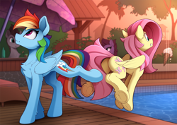 Size: 2410x1705 | Tagged: safe, artist:yakovlev-vad, fluttershy, rainbow dash, pegasus, pony, g4, abuse, butt, buttcheeks, chest fluff, concave belly, duo, duo female, duo focus, ear fluff, female, flutterbuse, flutterbutt, food, frog (hoof), gritted teeth, high res, ice cream, ice cream cone, innocent, kick, kicking, leg fluff, looking up, mare, oops, plot, prank, prankster dash, pure unfiltered evil, pushing, rainbow douche, raised leg, slender, sternocleidomastoid, swimming pool, thin, this will end in tears, underhoof