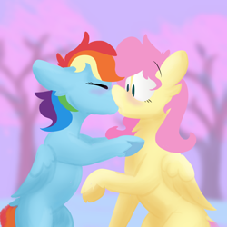 Size: 800x800 | Tagged: safe, artist:antimationyt, fluttershy, rainbow dash, pegasus, pony, g4, blushing, eyes closed, female, floppy ears, folded wings, kiss on the lips, kissing, lesbian, mare, missing cutie mark, outdoors, raised hoof, ship:flutterdash, shipping, surprised, tree, unshorn fetlocks, wings