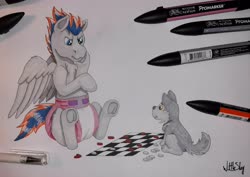 Size: 3923x2784 | Tagged: safe, artist:wittleskaj, oc, oc:thunder heart, pegasus, pony, wolf, abdl, adult foal, checkers, diaper, diaper fetish, fetish, high res, male, non-baby in diaper, playing, plushie, promarker, stallion, traditional art