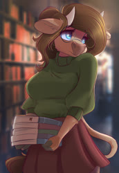 Size: 2200x3200 | Tagged: safe, artist:ardail, oc, oc only, oc:mocha latte, cow, anthro, anthro oc, blue eyes, book, breasts, carrying, clothes, cow oc, cowified, cute, female, glasses, high res, library, skirt, solo, species swap, sweater
