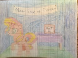 Size: 3264x2448 | Tagged: safe, artist:dupontsimon, sunset shimmer, pony, fanfic:magic show of friendship, equestria girls, g4, cardboard cutout, fanfic art, high res, lined paper, title card, traditional art