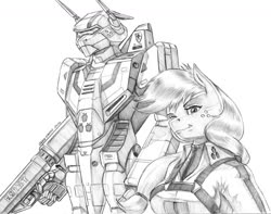 Size: 1400x1102 | Tagged: safe, artist:baron engel, applejack, earth pony, robot, anthro, g4, clothes, female, grayscale, gun, macross, mare, monochrome, pencil drawing, robotech, simple background, solo, traditional art, trigger discipline, vf-1 valkyrie, weapon, white background