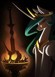 Size: 2480x3508 | Tagged: safe, artist:underpable, princess celestia, alicorn, pony, g4, dark souls, female, fire, high res, mare, skull, solo, sword, weapon