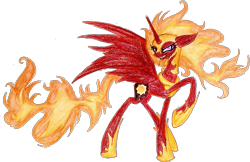 Size: 701x454 | Tagged: safe, artist:mysteriousshine, nightmare star, alicorn, pony, g4, crown, eyelashes, female, hoof shoes, jewelry, mane of fire, mare, peytral, raised hoof, redesign, regalia, simple background, smiling, solo, traditional art, transparent background