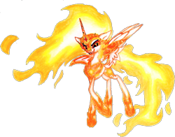 Size: 689x541 | Tagged: safe, artist:mysteriousshine, daybreaker, alicorn, pony, g4, crown, eyelashes, female, hoof shoes, jewelry, mane of fire, mare, peytral, raised hoof, regalia, simple background, smiling, solo, traditional art, transparent background