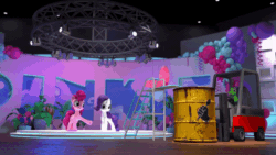 Size: 800x450 | Tagged: safe, screencap, gummy, pinkie pie, rarity, earth pony, pony, unicorn, g4, hello pinkie pie, 3d, animated, food, forklift, gif, gotcha, headset, hiding, in which pinkie pie forgets how to gravity, pinkie being pinkie, pinkie physics, pudding, running, shocked, stage, stagelights, stepladder, surprised
