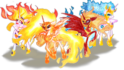 Size: 696x392 | Tagged: safe, alternate version, artist:mysteriousshine, daybreaker, nightmare star, alicorn, pony, g4, alternate hairstyle, crown, eyelashes, female, frown, hoof shoes, jewelry, mane of fire, mare, multeity, peytral, raised hoof, redesign, regalia, simple background, smiling, solo, traditional art, transparent background
