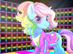 Size: 1024x768 | Tagged: useless source url, safe, artist:pigeorgien, rainbow dash (g3), earth pony, pony, g3, g3.5, 80s, clothes, dance floor, disco rd, eyeshadow, female, heart eyes, makeup, mare, solo, wingding eyes
