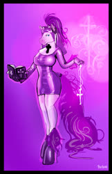 Size: 649x1000 | Tagged: safe, artist:turbinedivinity, oc, oc only, earth pony, anthro, unguligrade anthro, abstract background, book, female, latex, latex suit, nun, signature, solo