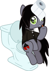 Size: 1009x1460 | Tagged: safe, artist:lightningbolt, derpibooru exclusive, part of a set, pony, unicorn, g4, .svg available, but why, clothes, disguise, disguised siren, fangs, horn, horn impalement, jewelry, kellin quinn, looking at you, male, necklace, ponified, shirt, show accurate, shrug, simple background, sitting, sitting on toilet, sleeping with sirens, slit pupils, solo, stallion, svg, t-shirt, toilet, toilet paper, tongue out, transparent background, underhoof, vector, 🧻