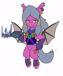 Size: 1700x2048 | Tagged: safe, artist:omegapony16, oc, oc only, oc:oriponi, bat pony, pony, armor, bat pony oc, bat wings, clothes, ear piercing, earring, female, flying, glowing, hoof hold, jewelry, knife, mare, piercing, scarf, simple background, solo, spread wings, white background, wings