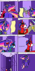 Size: 1600x3200 | Tagged: safe, artist:eternaljonathan, discord, oc, oc:prince hunk, oc:princess universe, alicorn, draconequus, pony, comic:super party fusion, g4, alicorn oc, alicorn princess, bouncing, butt, canterlot, canterlot castle, comic, commissioner:bigonionbean, cutie mark, dialogue, female, floating, flying, fusion, fusion:prince hunk, fusion:princess cadance, fusion:princess celestia, fusion:twilight sparkle, horn, hug, huge butt, impossibly large butt, jewelry, jiggle, large butt, male, mare, plot, reading, regalia, scroll, squee, squeezing, stallion, talking to herself, teasing, the ass was fat, trotting, wide hips, writer:bigonionbean