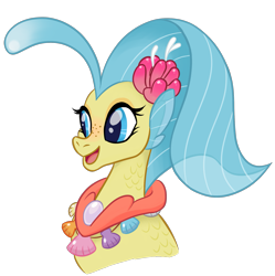 Size: 1767x1772 | Tagged: safe, artist:angelicmissmarie, princess skystar, seapony (g4), g4, my little pony: the movie, bust, female, flower, flower in hair, freckles, jewelry, necklace, open mouth, pearl necklace, simple background, smiling, solo, transparent background