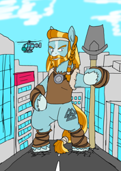Size: 2508x3541 | Tagged: safe, artist:omegapony16, rockhoof, earth pony, pony, g4, bipedal, braid, building, clothes, featureless crotch, giant pony, helicopter, high res, macro, male, rockhoof's shovel, shovel, solo, stallion, unshorn fetlocks